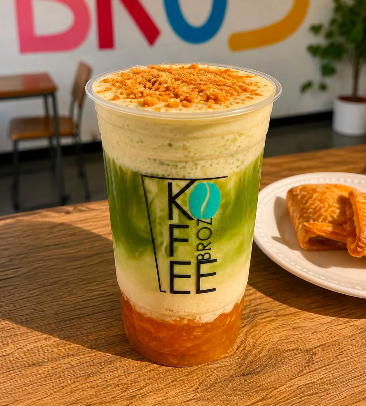 Layered matcha latte topped with crumble next to a fresh crepe