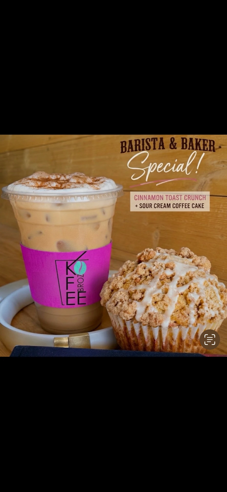 Barista & Baker Special โ Cinnamon Toast Crunch iced coffee and Sour Cream Coffee Cake